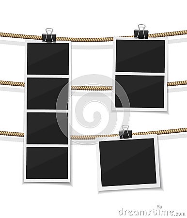 Set of vector photobooth and photos hanged on rope. Realistic retro style instant fotos with thread. Remember the moment Vector Illustration