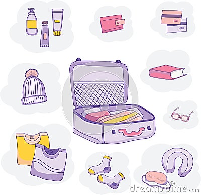 Set of vector pictures of luggage, clothes on a blue background. We pack in a suitcase for travel on vacation. Bon Vector Illustration