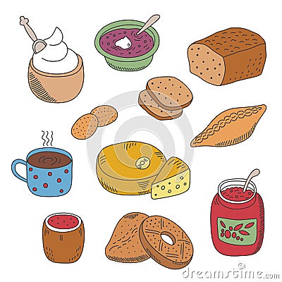 Set of vector pied doodle food icons in flat style Vector Illustration