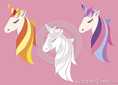 Set of vector pink unicorns beautiful for girls, festive purple, for birthday. head of a unicorn with a horn and mane Stock Photo