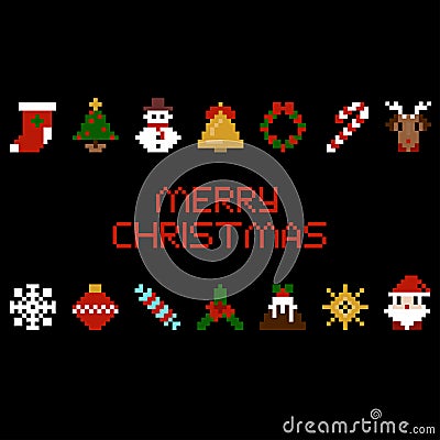 Set of vector pixel art christmas icons. Santa, star, candy, deer, snowflake in 8-bit Vector Illustration