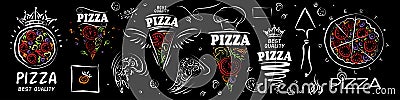 Set of vector pizza logos on black background Vector Illustration