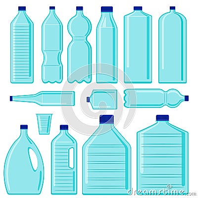 Set of vector plastic bottles. Plastic pollution. Ecology problem Vector Illustration