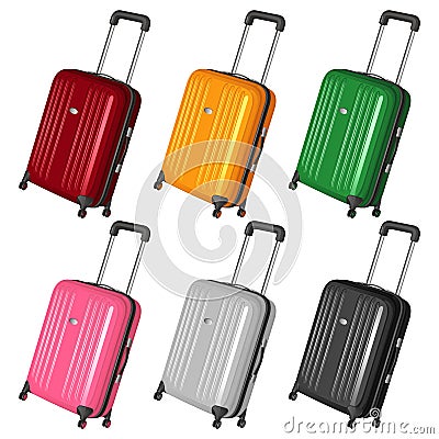 Set of vector plastic suitcases on castors with retractable handles Vector Illustration