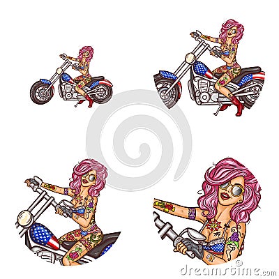 Vector biker girl pop art avatar icons Vector Illustration