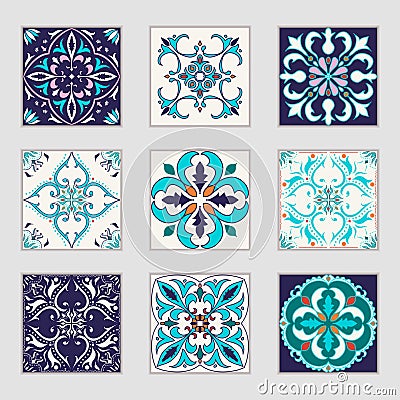 Set of vector Portuguese tiles. Beautiful colored patterns for design and fashion with decorative elements Vector Illustration