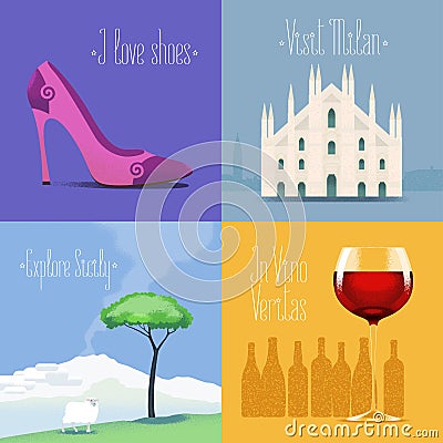 Set of vector posters, flyers, postcards, design, illustration for Italy Vector Illustration