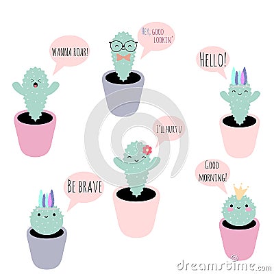 Set of 6 vector potted plants with funny faces and phrases Stock Photo