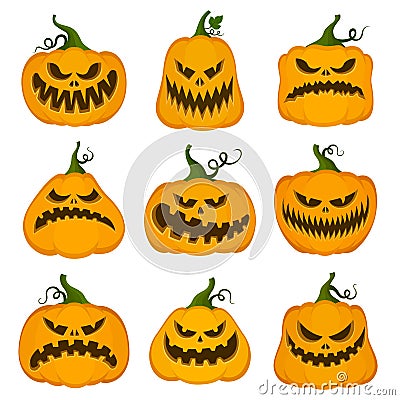 Set of vector pumpkins for Halloween. Cartoon style. Autumn holiday symbols Vector Illustration