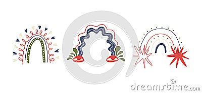 Set of vector rainbows. Abstract shapes of trending rainbows with stars, eyes and hearts Vector Illustration