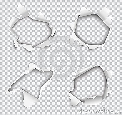 Set of vector realistic holes torn in white paper isolated on transparent background Vector Illustration