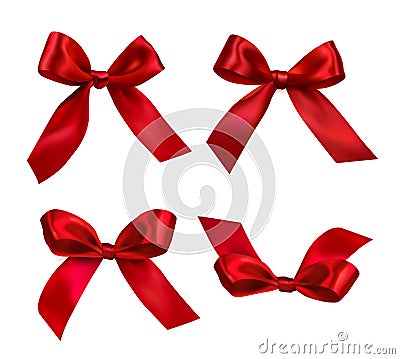 Set of vector realistic shiny decorative red bows isolated on white background Vector Illustration