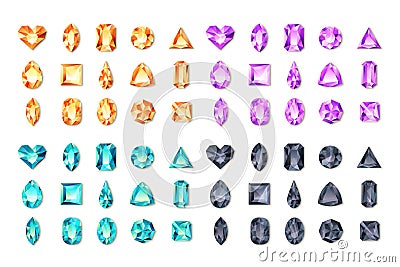 Set of vector realistic turquoise, black, purple, orange gems and jewels on white background. Multicolor shiny diamonds Vector Illustration