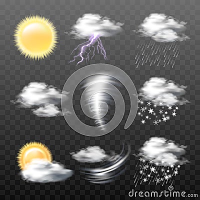 Set of vector realistic weather icons on transparent background Vector Illustration