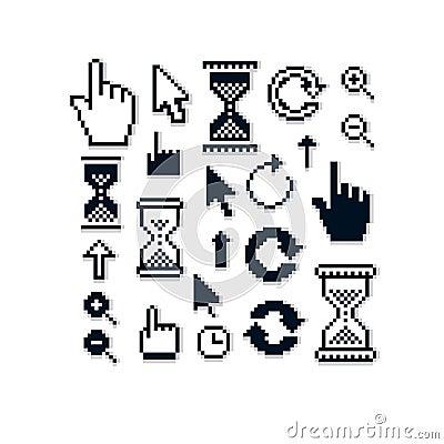 Set of vector retro cursor signs made in pixel art style. Simplistic arrows pointing at different directions. Geometric Vector Illustration