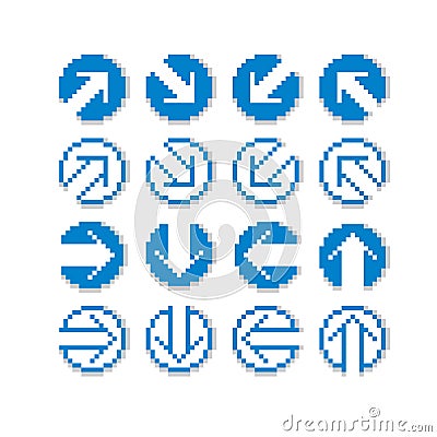 Set of vector retro cursor signs made in pixel art style. Simplistic arrows pointing at different directions, geometric Vector Illustration