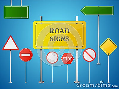 Set of vector road signs on blue background. Vector Illustration