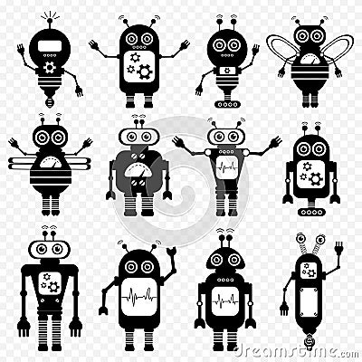 Set of vector robots in cartoon style. Vector Illustration