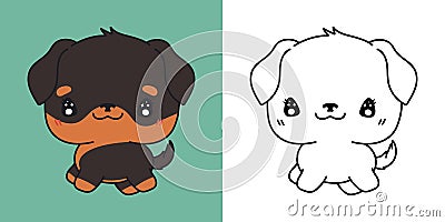 Set Vector Rottweiler Dog Multicolored and Black and White. Kawaii Clip Art Dog. Vector Illustration