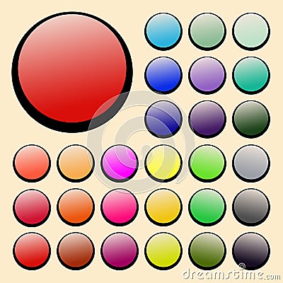 Set of vector round buttons violet, green, yellow, blue, red, lilac, orange. Vector Illustration