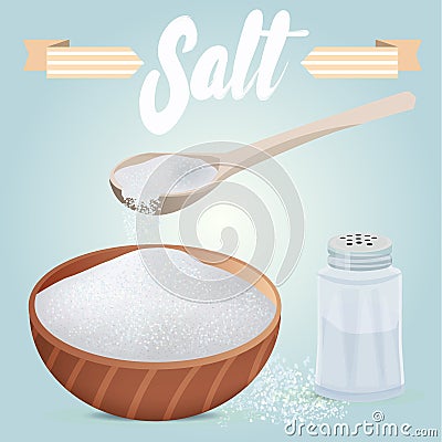 Set of vector salt shaker, full wooden bowl and spoon. Salt scattered on table Vector Illustration