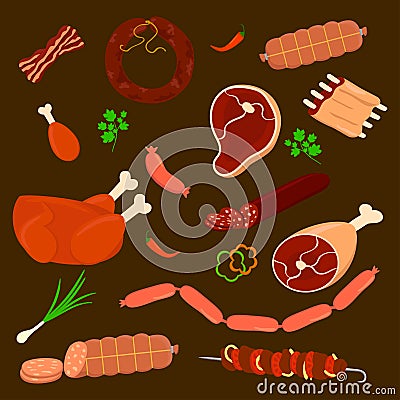 Set vector sausage and meats. sliced sausage on brown background vector collection. Vector Illustration