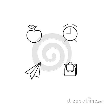 Set of vector school theme icons. Student collection of black pictogram apple, alarm, plane and backpack isolated on white Stock Photo