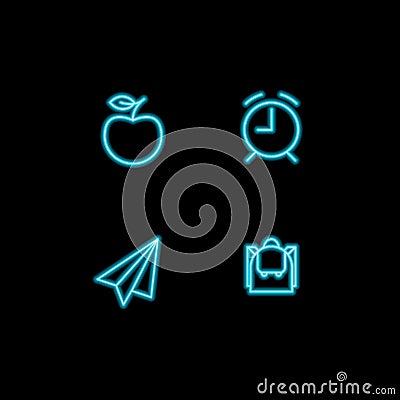 Set of vector school theme neon blue icons. Student collection of glowing pictogram apple, alarm, plane and backpack isolated on Stock Photo