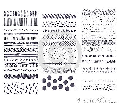 Set of vector seamless hand drawn ink textures. Collection of handwritten brushes. Vector Illustration