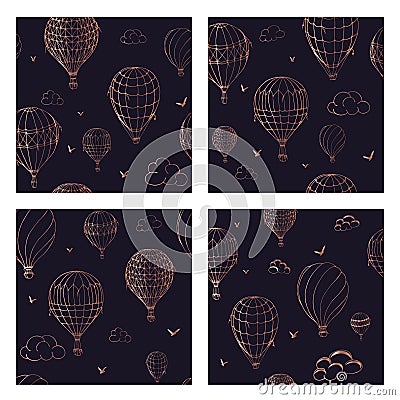 Set of seamless pattern with balloons in monochrome colors. Many differently colored striped air balloons flying in the Vector Illustration