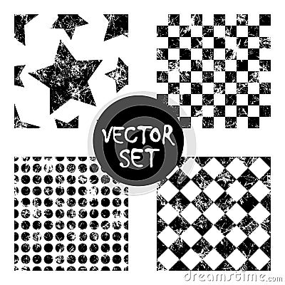 Set of vector seamless patterns Creative geometric black and white backgrounds with squares,stars,circles.Texture with attrition, Vector Illustration