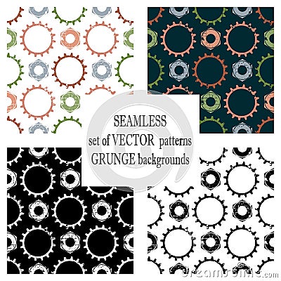 Set of vector seamless patterns with mechanism of watch. Creative geometric grunge backgrounds with gear wheel. Texture with crack Vector Illustration