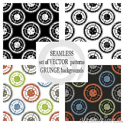 Set of vector seamless patterns with mechanism of watch. Creative geometric grunge backgrounds with gear wheel. Texture with crack Vector Illustration