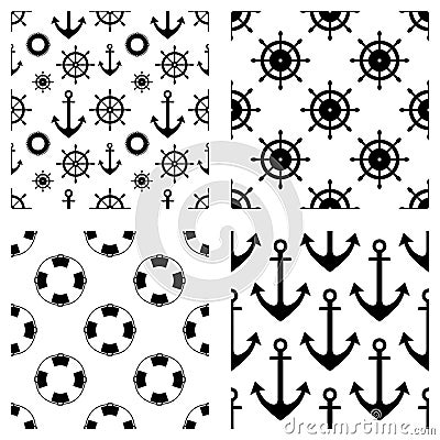 Set of vector seamless patterns. Steering wheel, life preserver, anchor, rope. Creative geometric backgrounds, nautical theme. Gra Vector Illustration