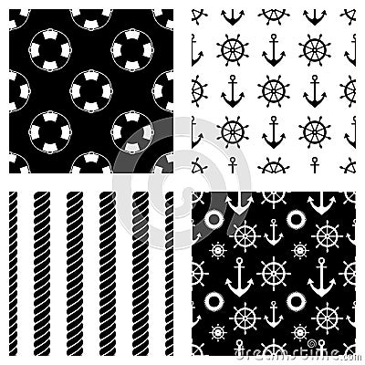 Set of vector seamless patterns. Steering wheel, life preserver, anchor, rope. Creative geometric backgrounds, nautical theme. Gra Vector Illustration
