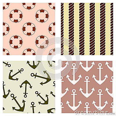 Set of vector seamless patterns. Steering wheel, life preserver, anchor, rope. Creative geometric backgrounds, nautical theme. Gra Vector Illustration