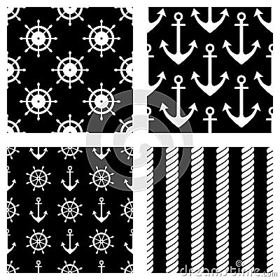 Set of vector seamless patterns. Steering wheel, life preserver, anchor, rope. Creative geometric backgrounds, nautical theme. Gra Vector Illustration