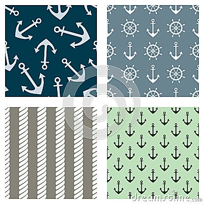 Set of vector seamless patterns. Steering wheel, life preserver, anchor, rope. Creative geometric backgrounds, nautical theme. Gra Vector Illustration