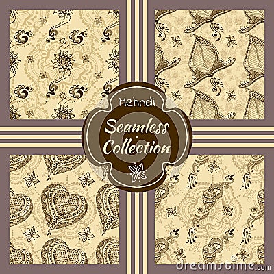 Set of vector seamless textures with ornaments in indian style Vector Illustration