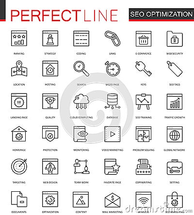 Set of Vector SEO Search Engine Optimization thin line web icons set. Outline stroke icon design. Vector Illustration