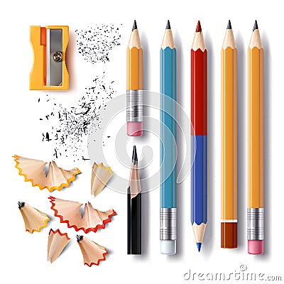 Set of vector sharpened pencils of various lengths with a rubber, a sharpener, pencil shavings Vector Illustration