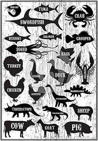 set vector silhouettes of animals and birds on wood background Vector Illustration