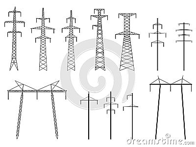 Set of vector silhouettes of pylons power line. Vector Illustration