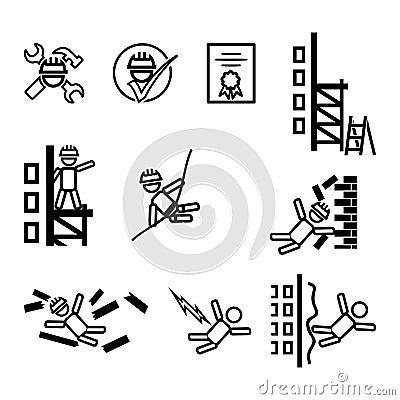 Set of vector simple icons on the topic of construction safety. Black and white symbols of builders, brick wall, scaffolding, Vector Illustration