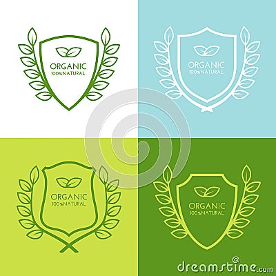 Set of vector simple linear logo icon with shield and leaves wre Vector Illustration