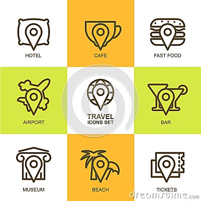 Set of vector simple linear travel icons. Map symbols, waypoint, Vector Illustration