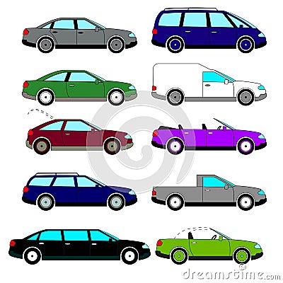 A set of vector sketches of ten retro cars that were released during the 1960s Stock Photo