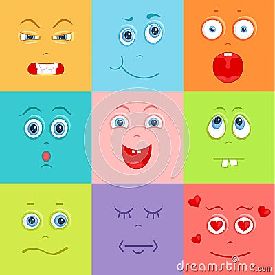 Set of vector smileys. Background with cute faces. Vector Illustration