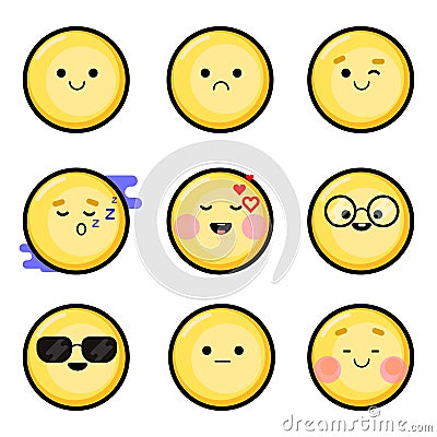 Set 1. Vector smileys, emoji. Style flat, yellow color. Vector image Vector Illustration