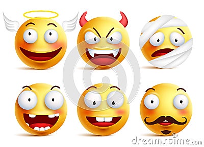 Set of vector smileys with funny faces like angel and demon Vector Illustration